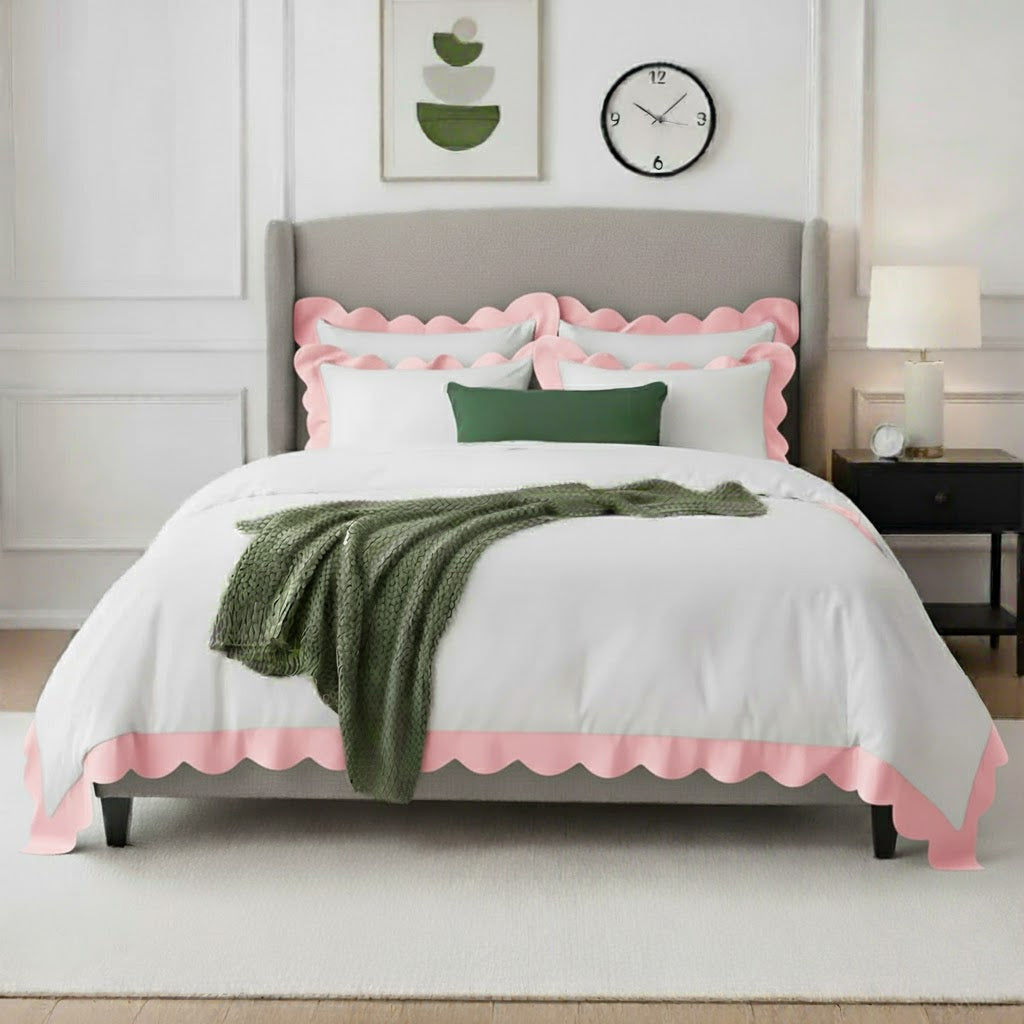 Wavy applique cotton duvet cover set with light pink scalloped border