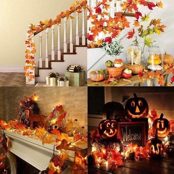 Lighted fall leaf LED string lights across a porch display with glowing orange autumn leaves