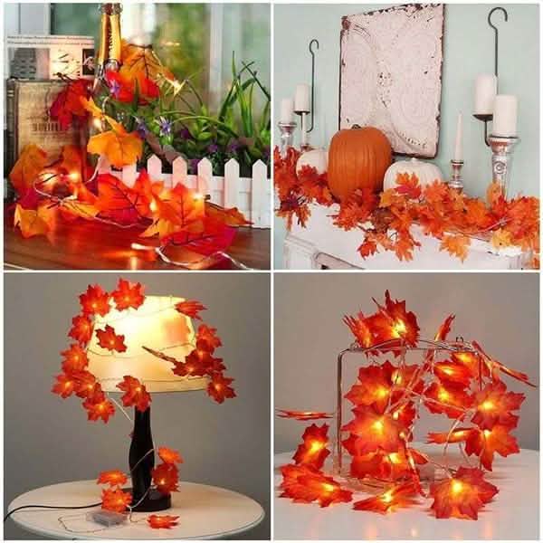 Lighted fall leaf string lights with warm orange LEDs and leaf-shaped bulbs on garland