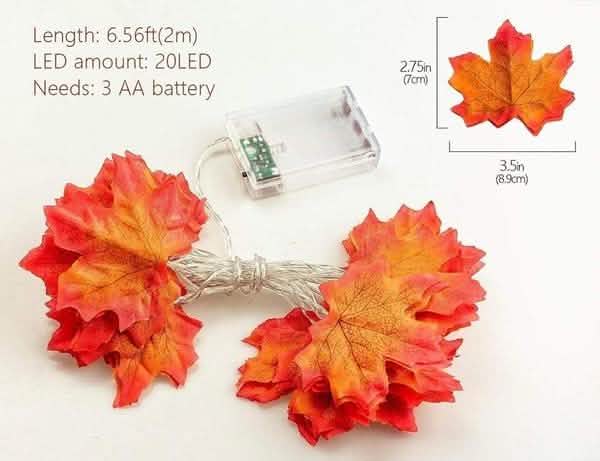 Lighted fall leaf LED string lights with orange-red maple leaf lights and battery pack