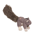 Gray-brown squirrel plush dog toy standing with long fluffy tail and white feet