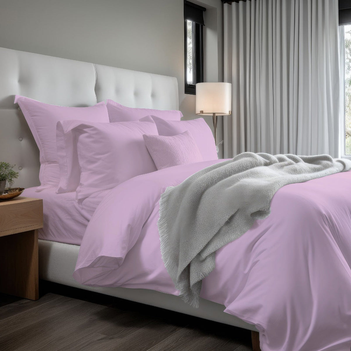 Cotton sateen solid duvet cover set in lilac with matching pillow shams