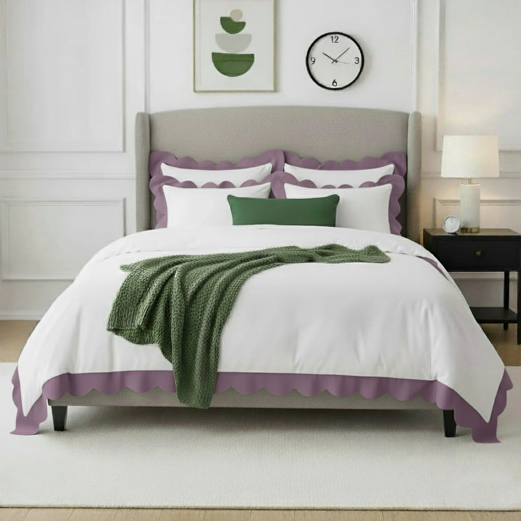 Wavy applique cotton duvet cover set with lilac scalloped border