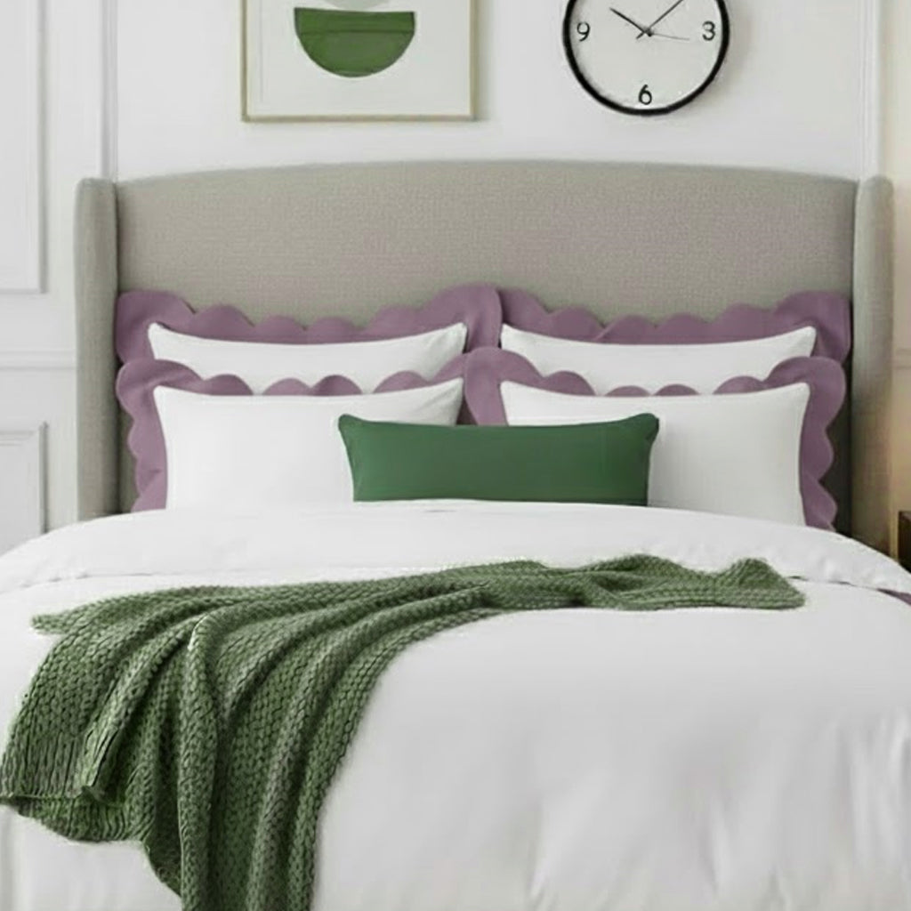 Cotton duvet cover set with wavy applique embroidery, lilac scalloped border