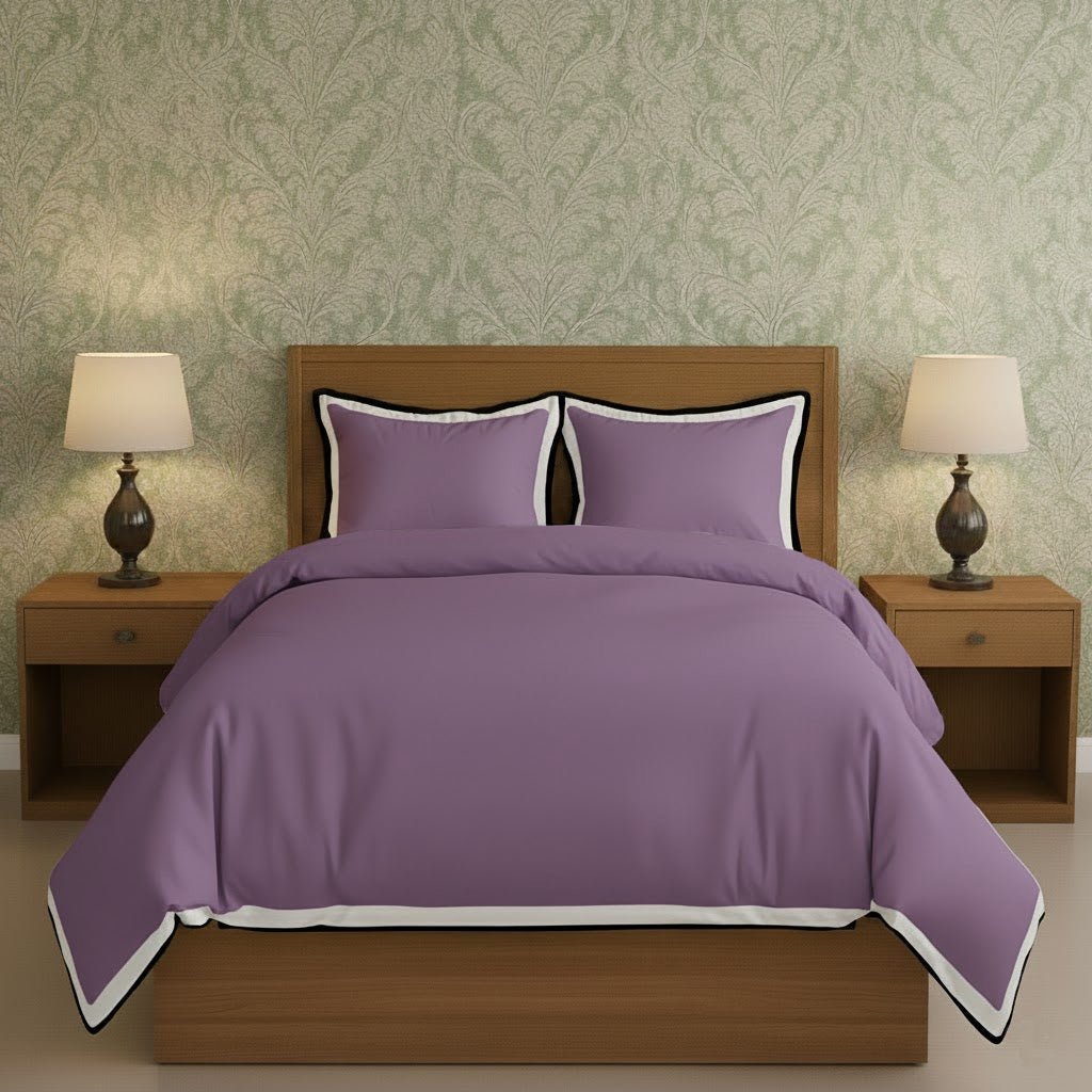 Lilac duvet cover set with white border frame and matching pillow shams