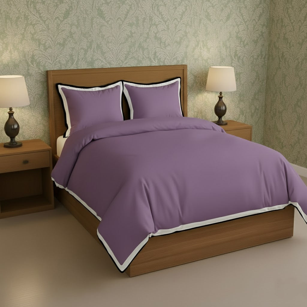 Lilac duvet cover set with white border frame and matching pillowcases