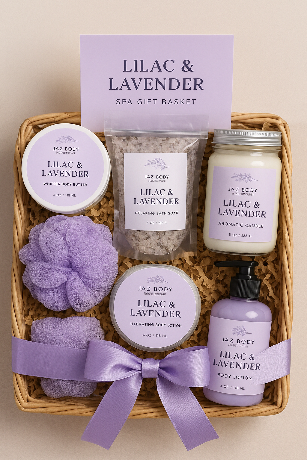 Lilac and lavender spa gift basket with lotion bottles, bath puff, soak bag, and ribbon