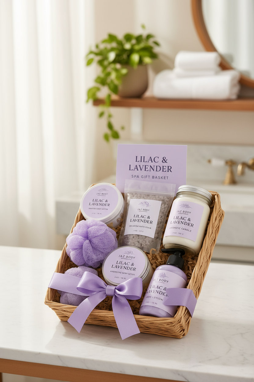 Lilac and lavender spa gift basket with labeled jars, bath items, and ribbon bow