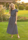 Navy gauze belted midi dress with short sleeves and tie waist