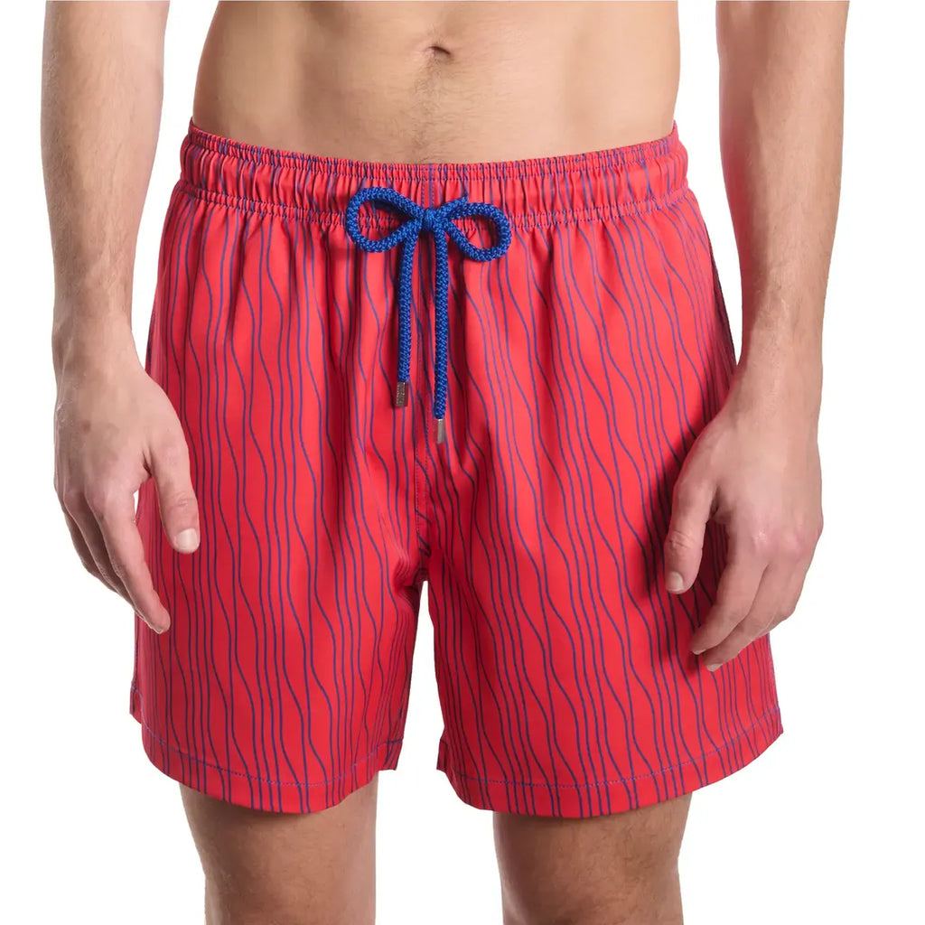 Red striped swim trunk with blue drawstring at front and elastic waistband
