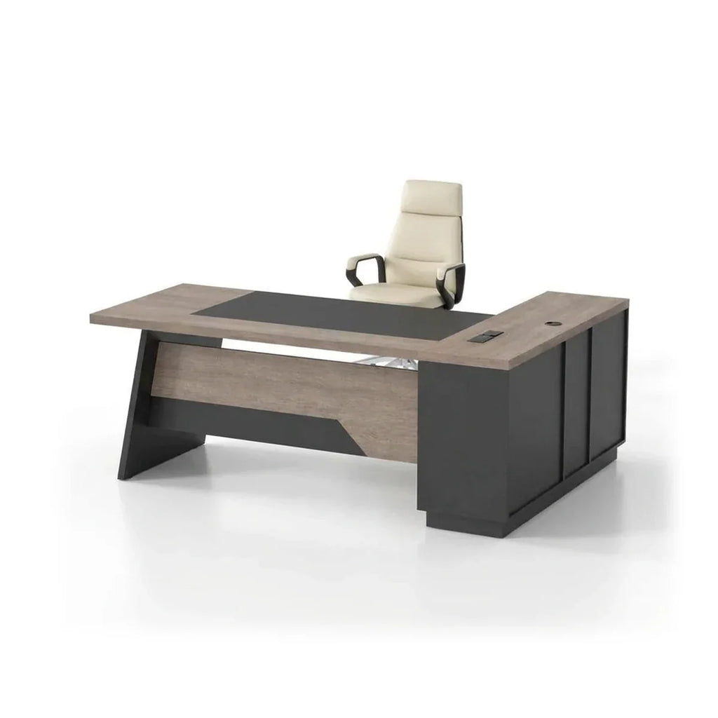 Modern L-shaped executive desk with dark legs and built-in return section