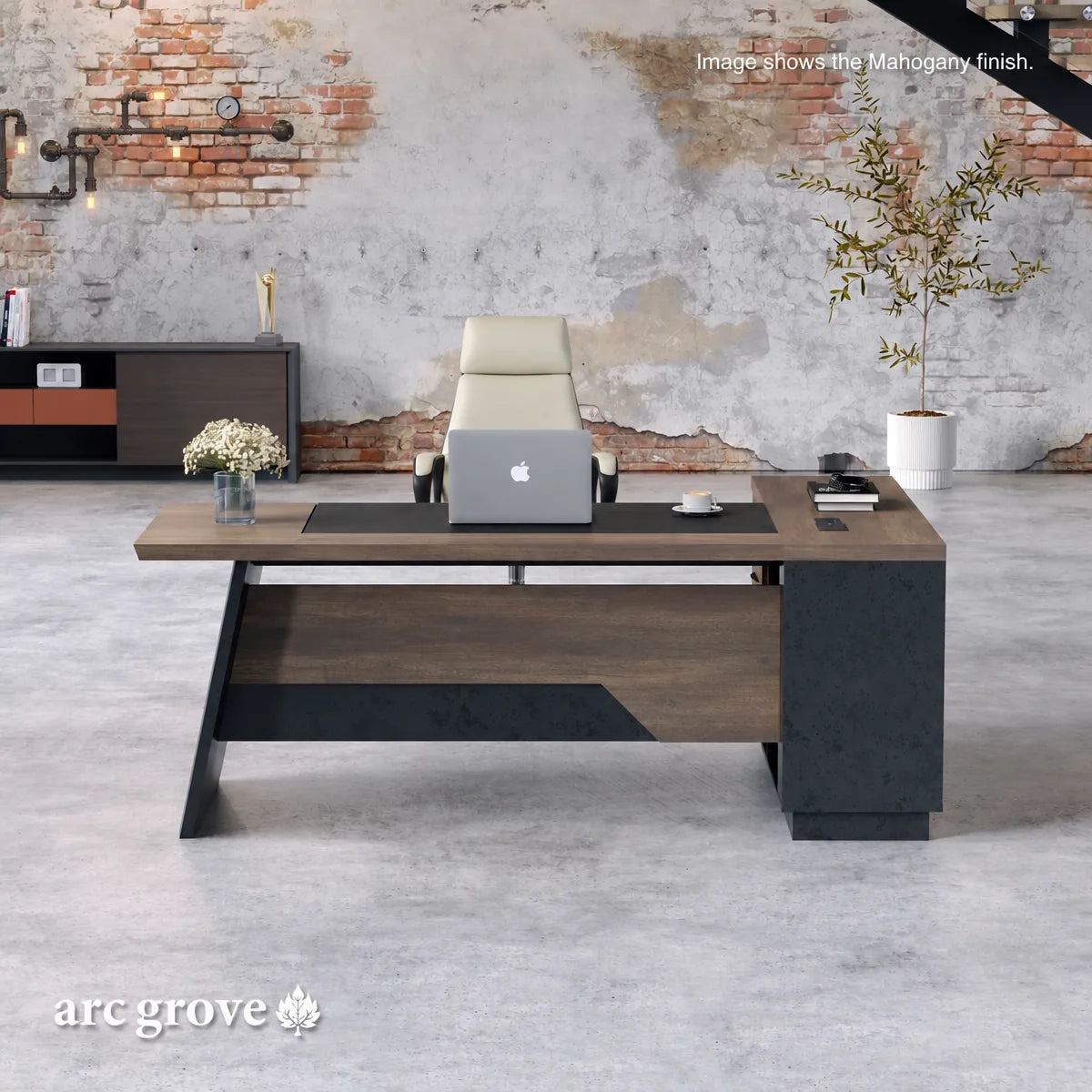 L-shaped office desk with wood-look top, dark side panels, and open work surface