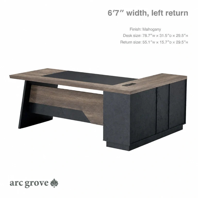 L-shaped executive desk with light wood top, dark base, and left-side return