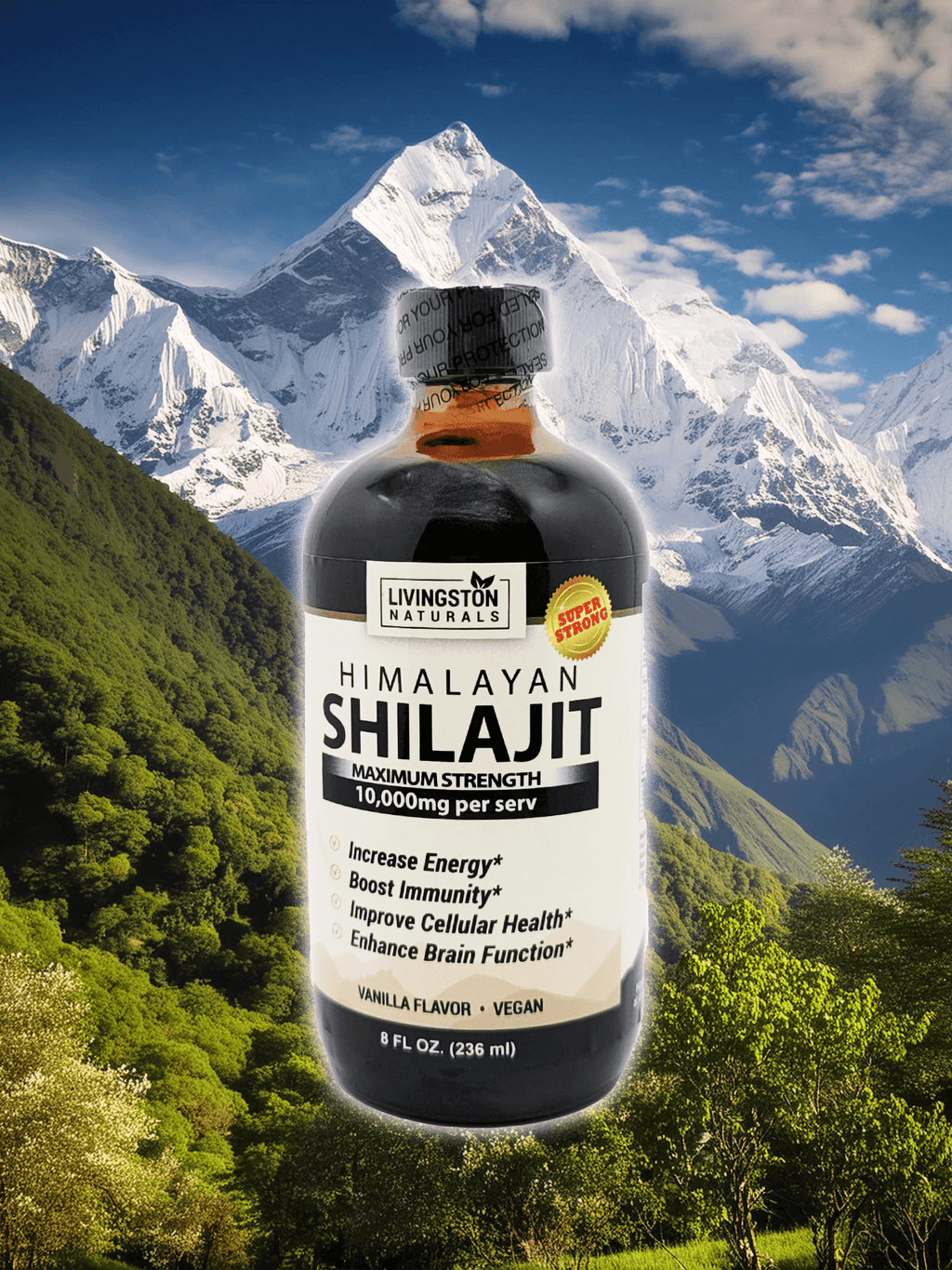 Liquid Himalayan Shilajit Maximum Strength bottle with dark liquid and cream label