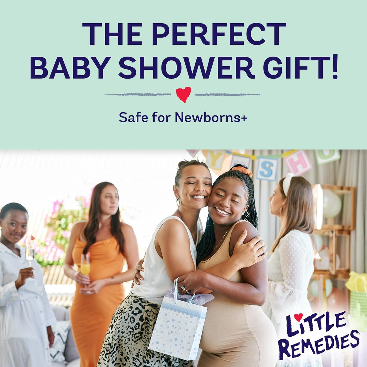 New baby essentials kit gift promotion featuring a group holding the kit