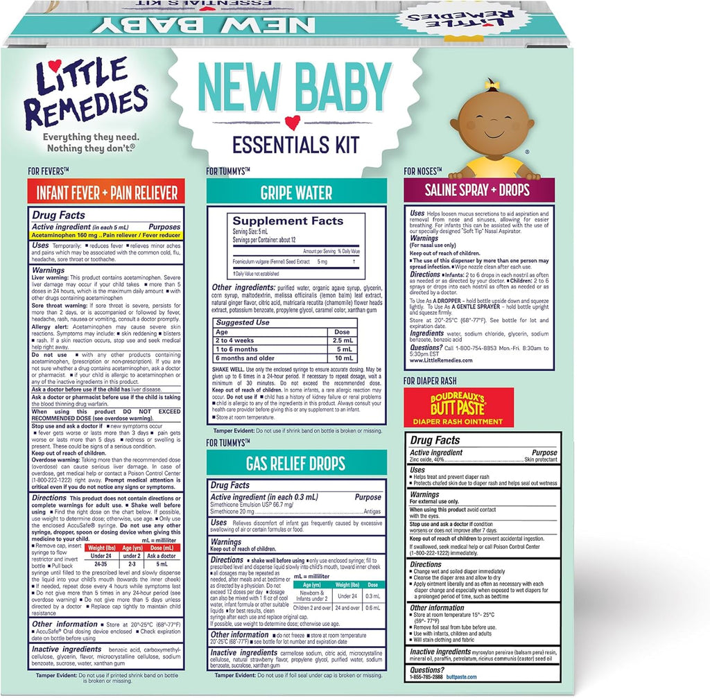 Back label sheet on a new baby essentials kit box with ingredient and usage info