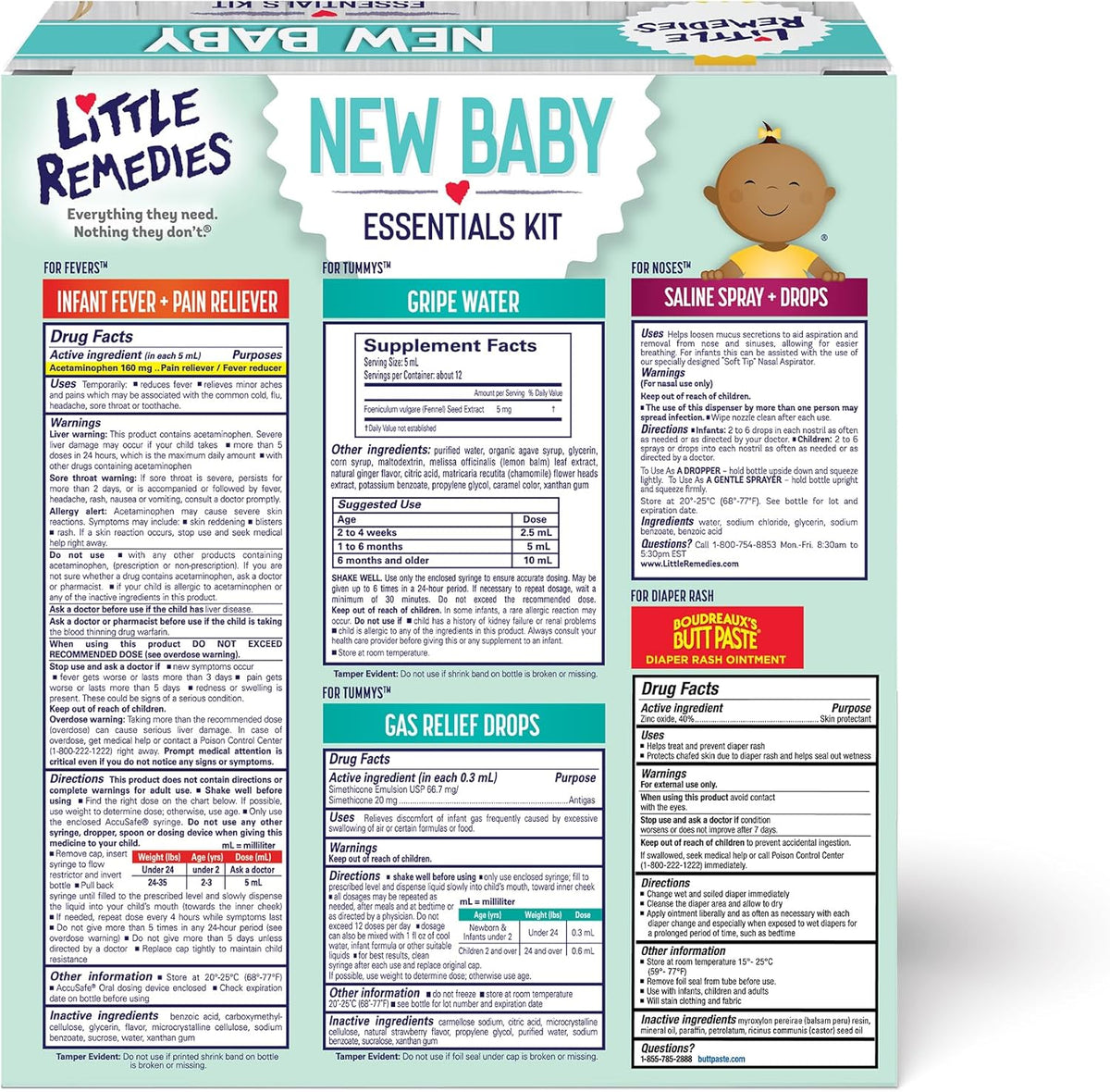 Back label sheet on a new baby essentials kit box with ingredient and usage info