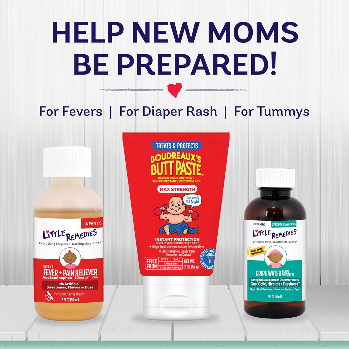 New baby essentials kit with fever pain reliever, butt paste, and gripe water bottles