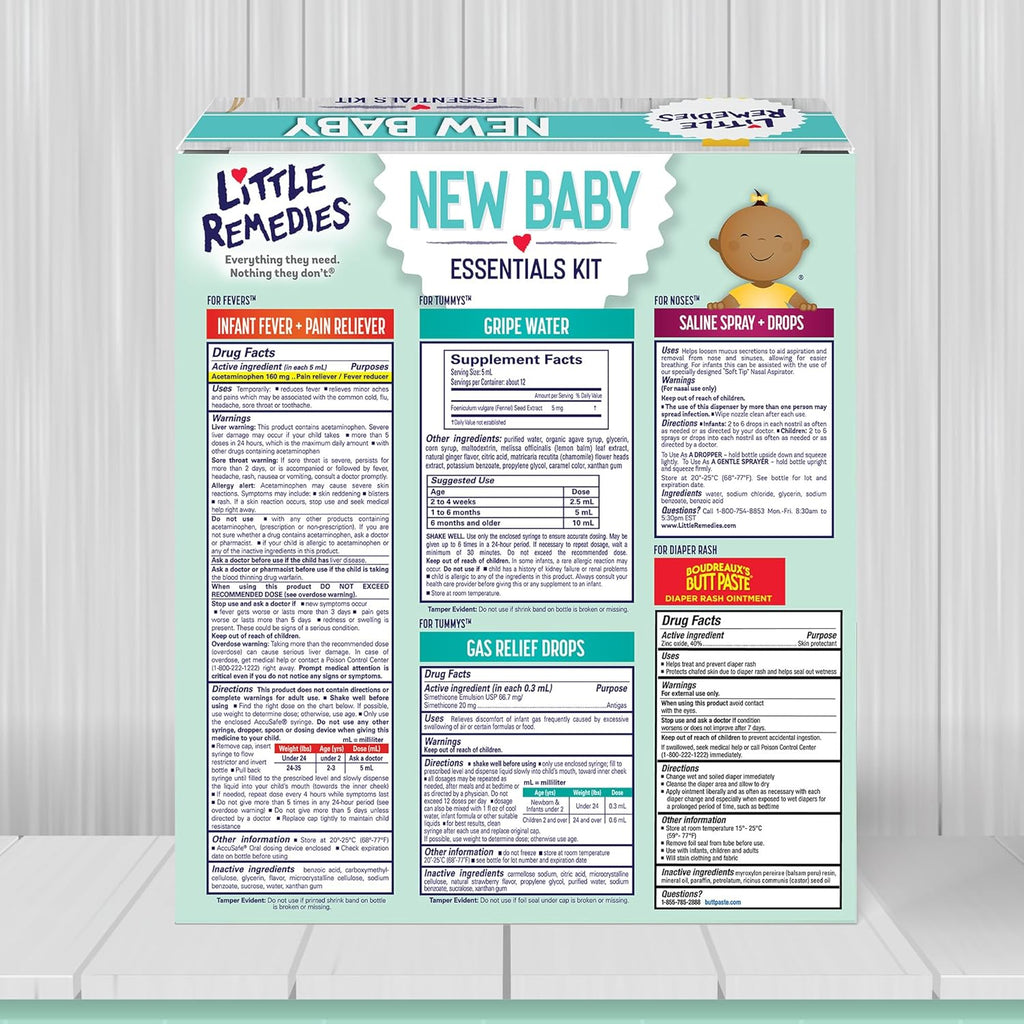 Back view of new baby essentials kit box with nutrition and dosing facts panels