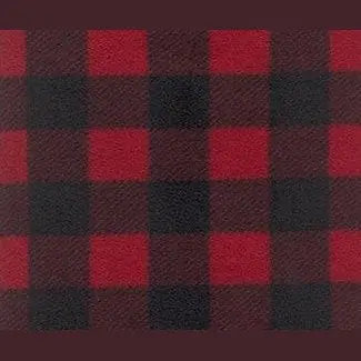 Close-up fabric pattern: red and black buffalo plaid knit on fleece socks.