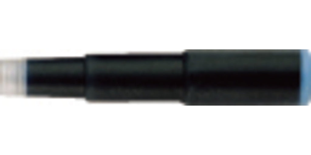 Close-up of blue ink cartridge tip with black plastic end