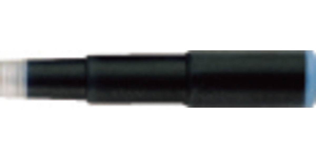 Close-up of blue ink cartridge tip with black plastic end