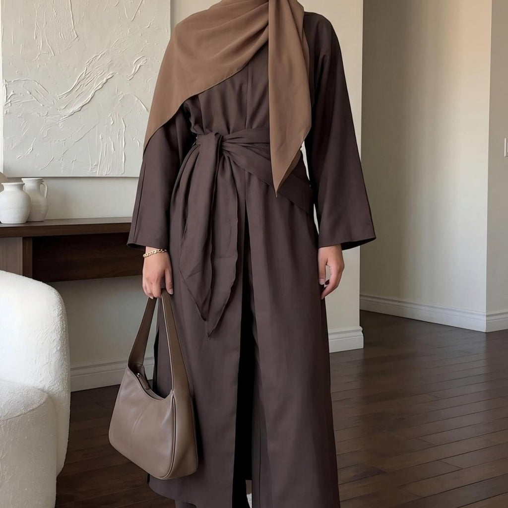 Long-line top and wide-leg trousers with belt tie, dark brown co-ord set