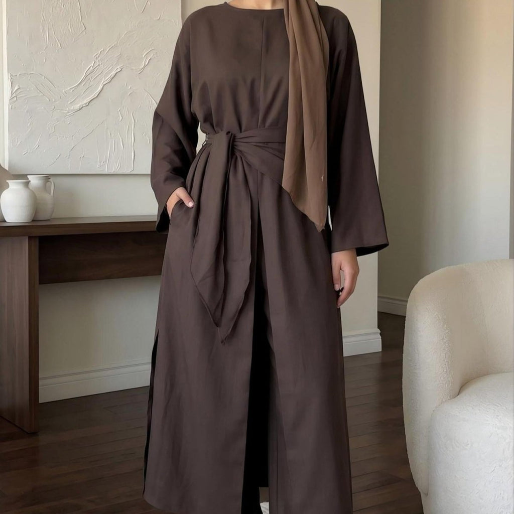 Long-line top and wide-leg trousers with tied waist, dark brown co-ord set