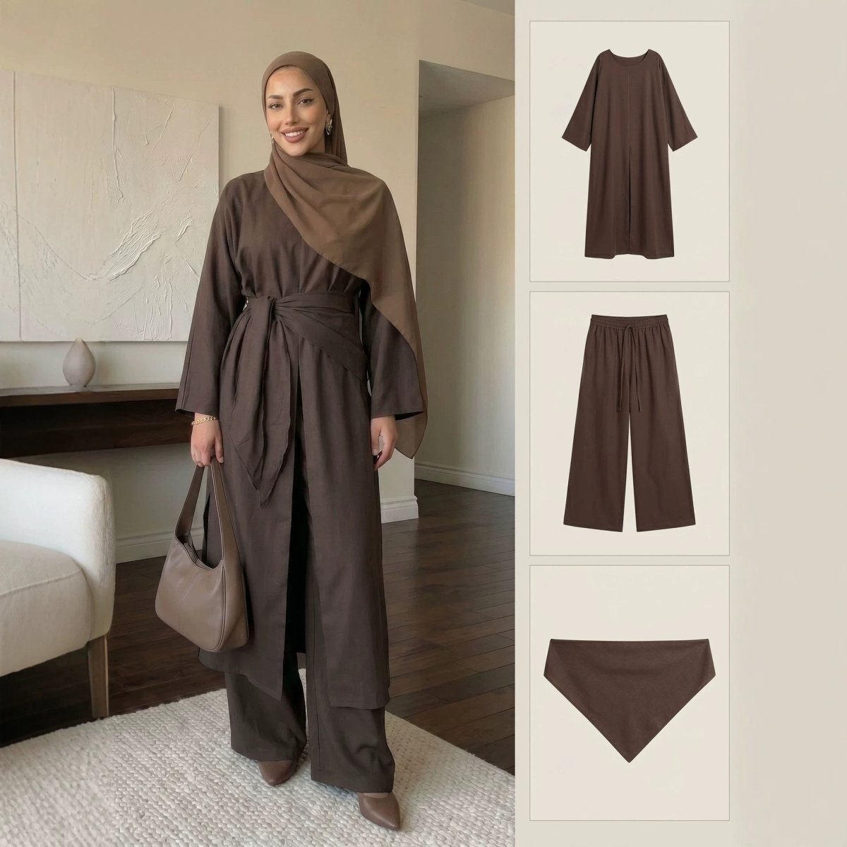 Three-piece co-ord set in dark brown: long top, wide-leg trousers, triangle scarf