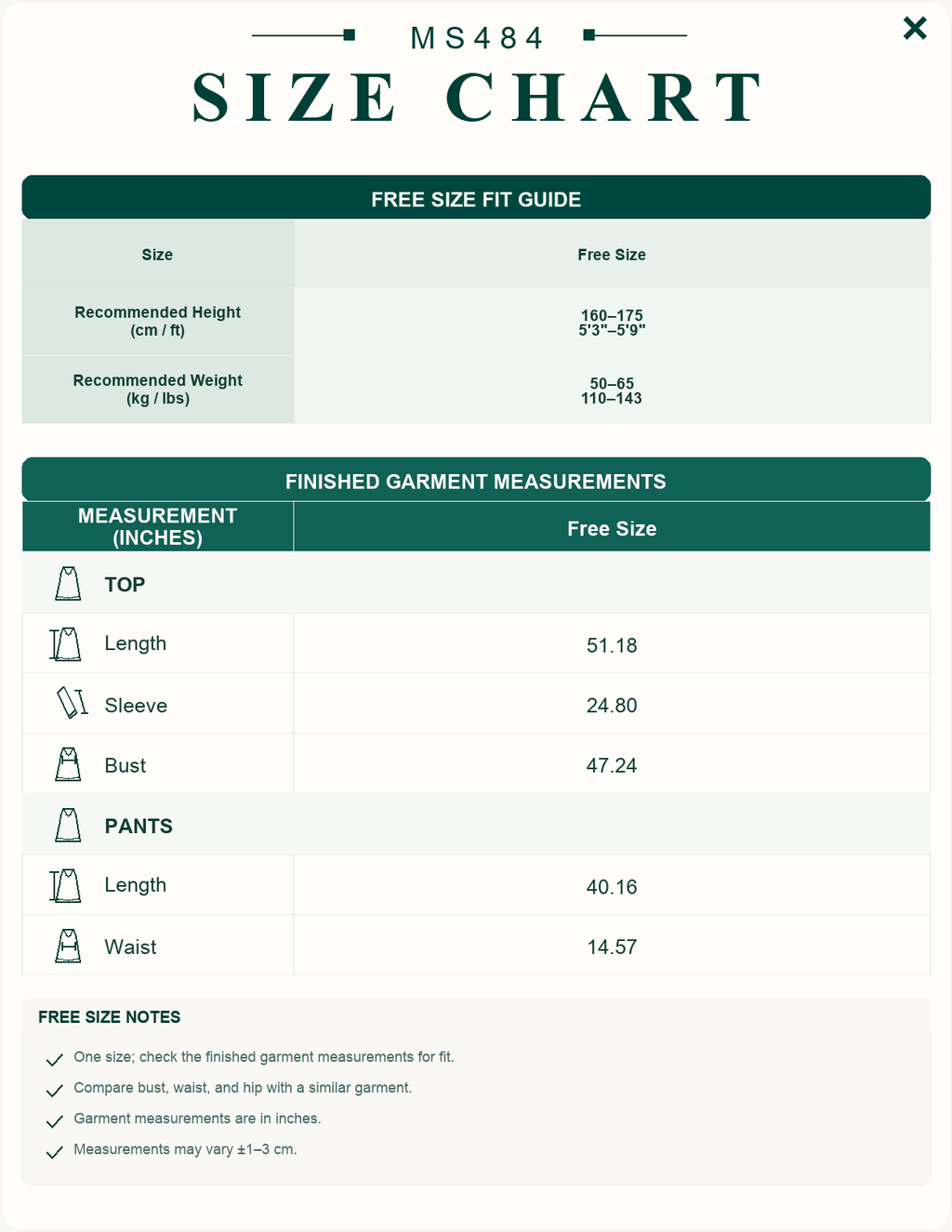 MS484 size chart: free size guide with top 51.18 in and pants 40.16 in