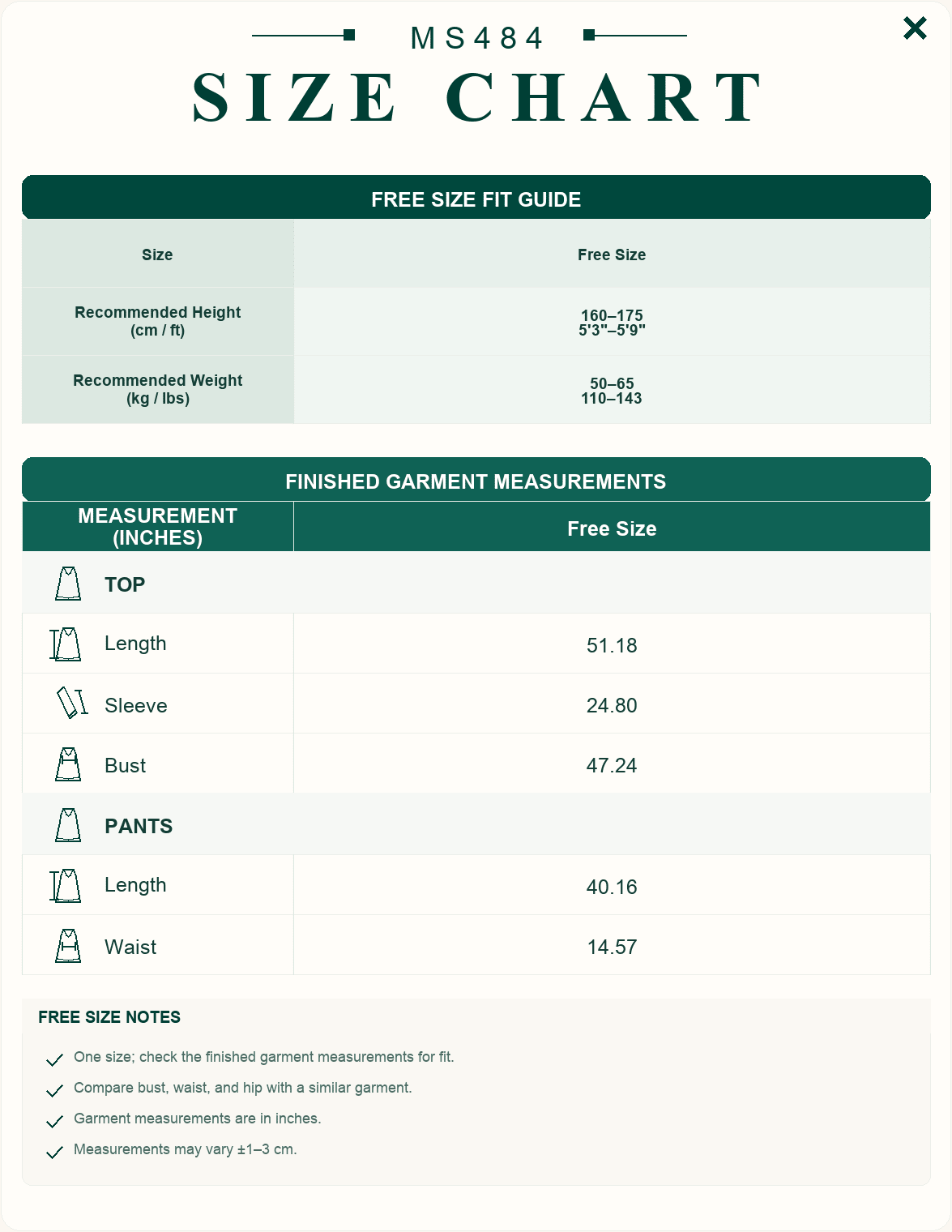 MS484 size chart: free size guide with top 51.18 in and pants 40.16 in