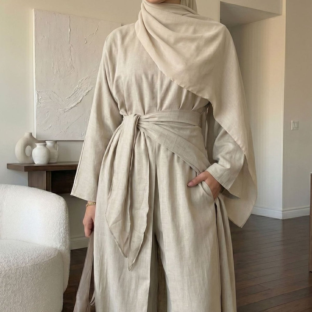Long-line top with belted waist and triangle scarf, light cream wide-leg trousers