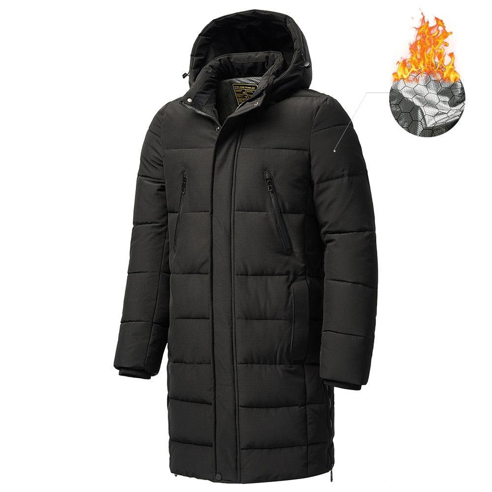Men's long hooded puffer jacket, black, quilted padding and front zipper