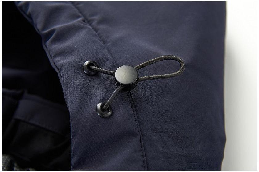 Dark blue jacket hood with drawstring and cord stopper