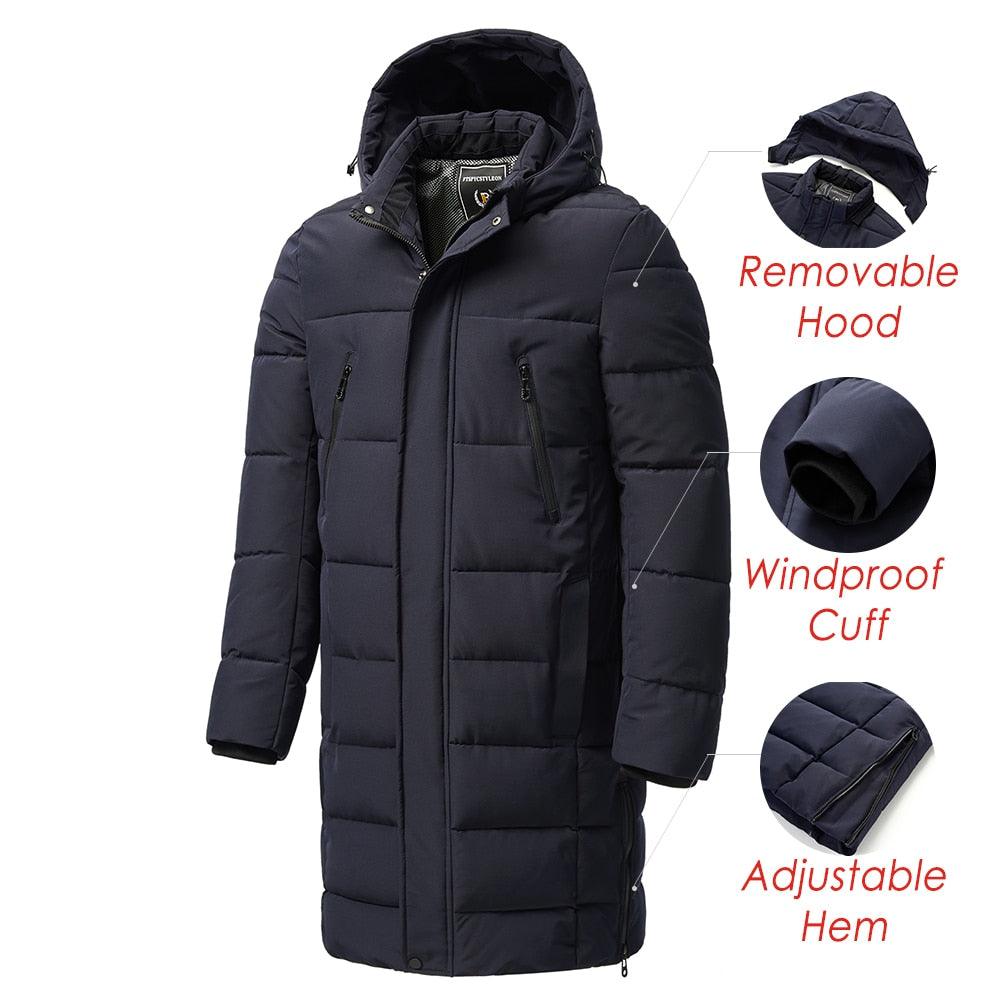 Men's long hooded puffer jacket, dark navy blue, front zipper and side zip pockets