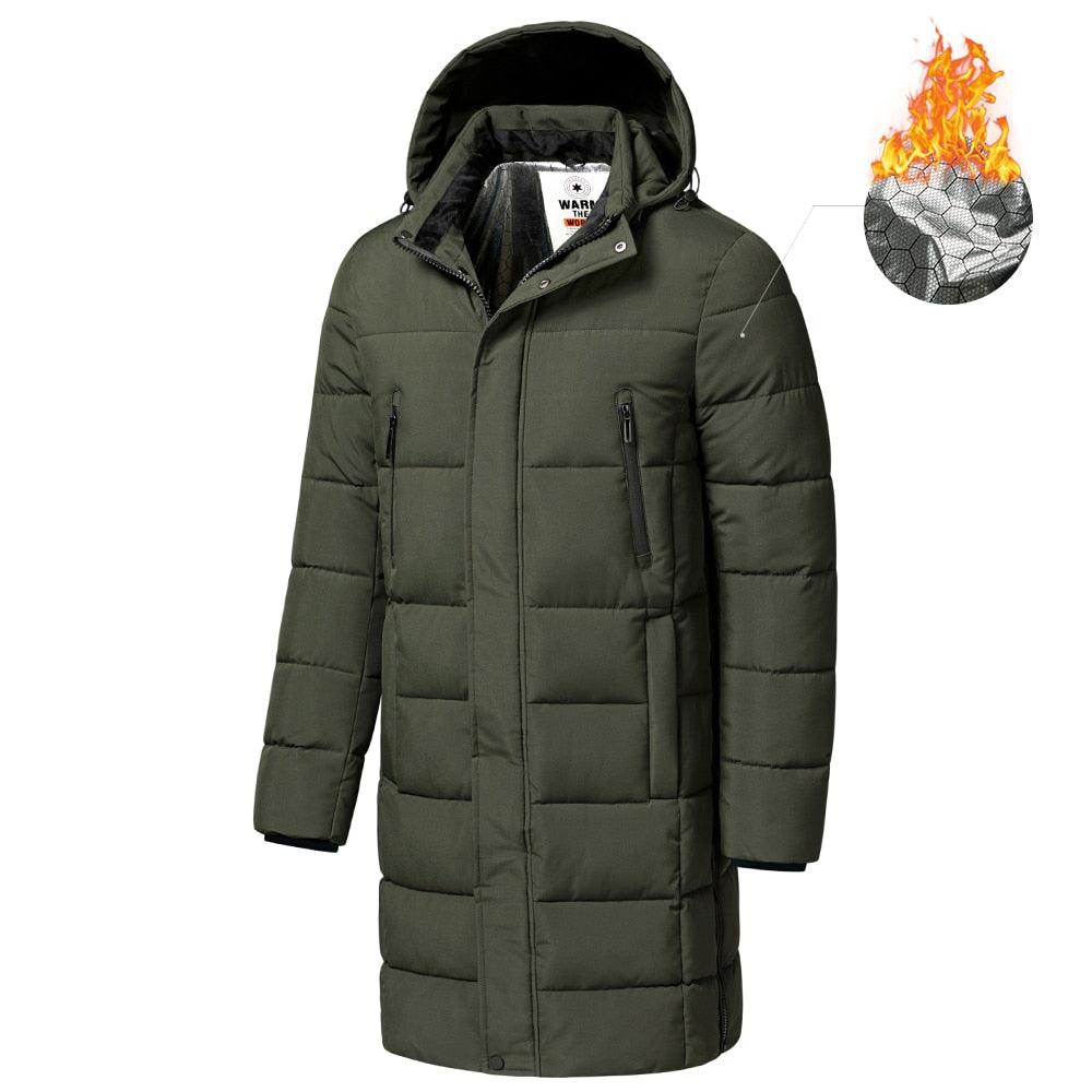 Men's long hooded puffer jacket, olive green, padded panels and front zipper