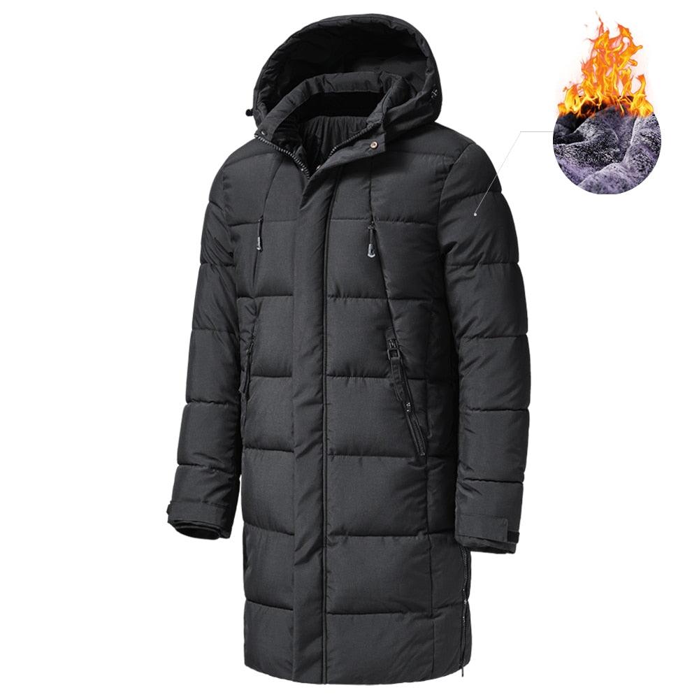 Men's long hooded puffer jacket, dark gray black, quilted padding and front zipper