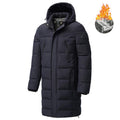 Men's long hooded puffer jacket, dark navy, padded panels and front zipper