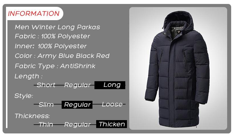 Men's long hooded puffer jacket, dark navy, front zipper and side pockets