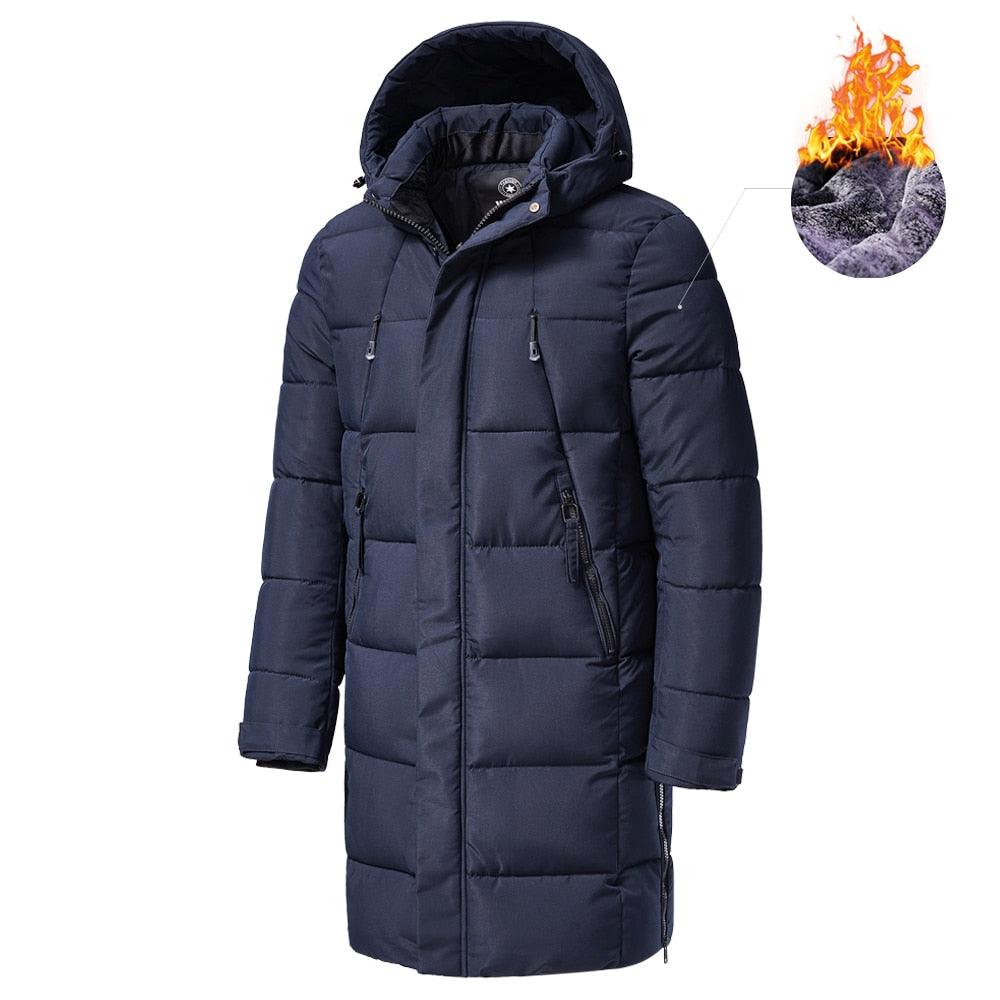Men's long hooded puffer jacket, deep navy, quilted padding and front zipper