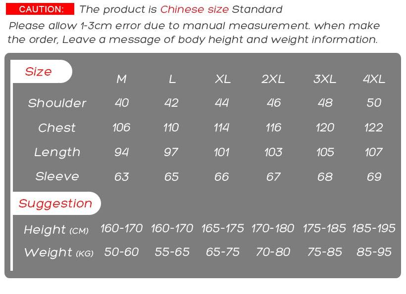 Men's hooded puffer jacket size chart with measurements by size M–4XL