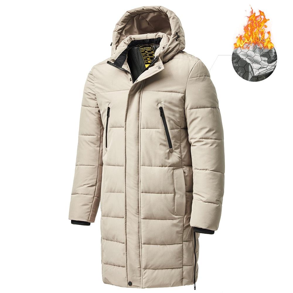 Men's long hooded puffer jacket, light beige, quilted panels and front zipper