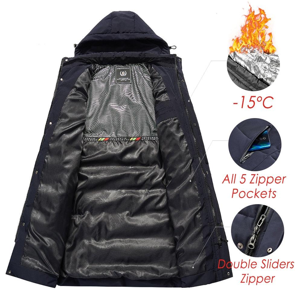 Men's long hooded puffer jacket opened view, dark interior lining and zipper pockets