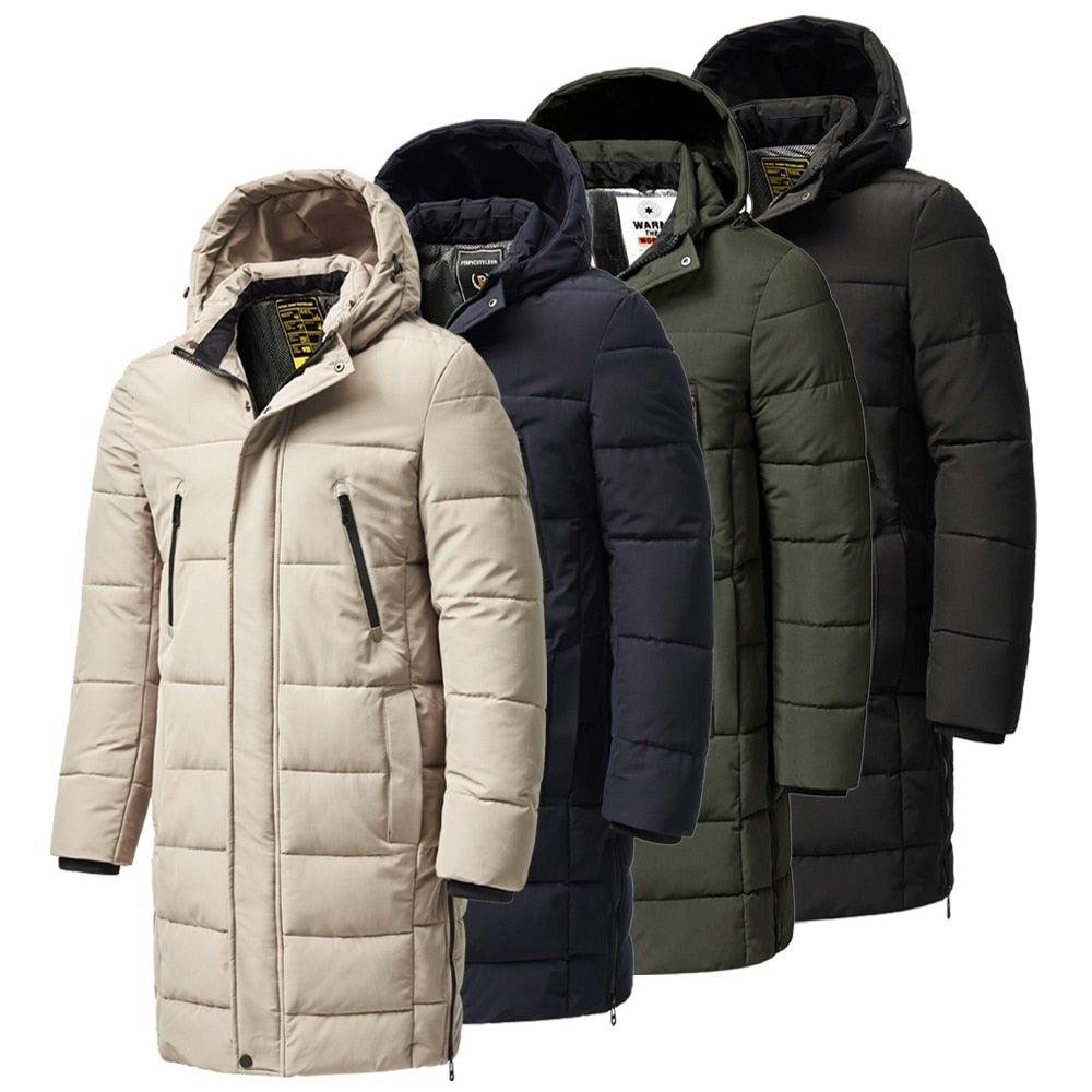 Men's long hooded puffer jacket, light beige, front zipper and side zip pockets