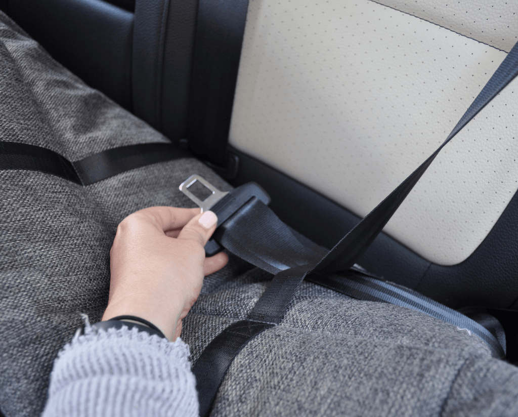 Gray tweed dog car bed with strap buckle fastened beside seat
