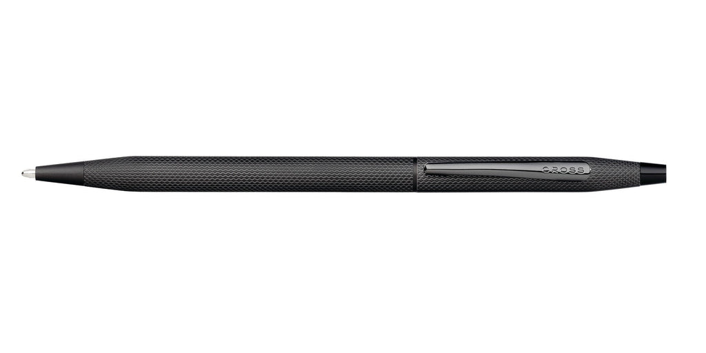 Black PVD ballpoint pen side view with clip and patterned barrel