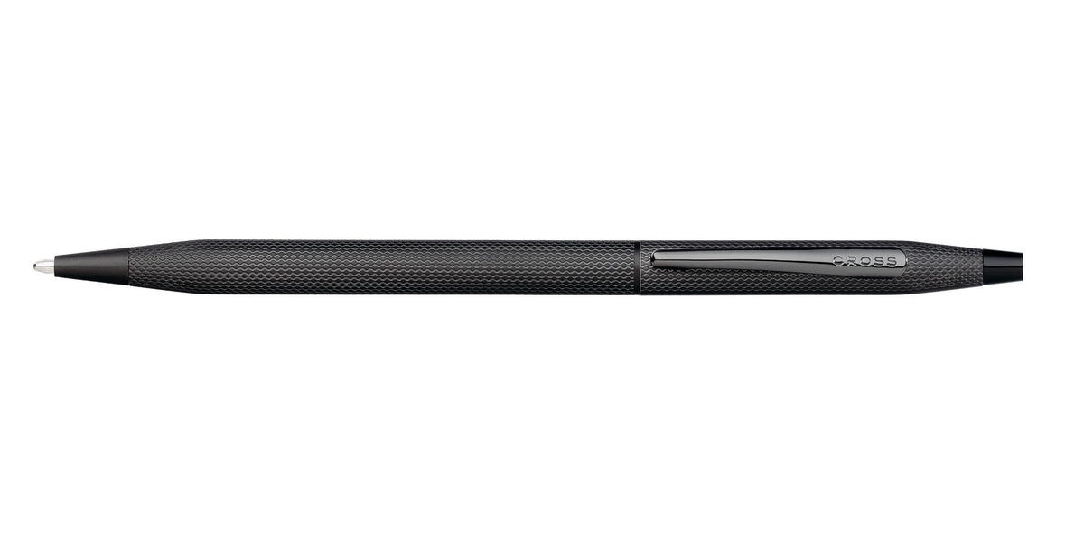 Black PVD ballpoint pen side view with clip and patterned barrel