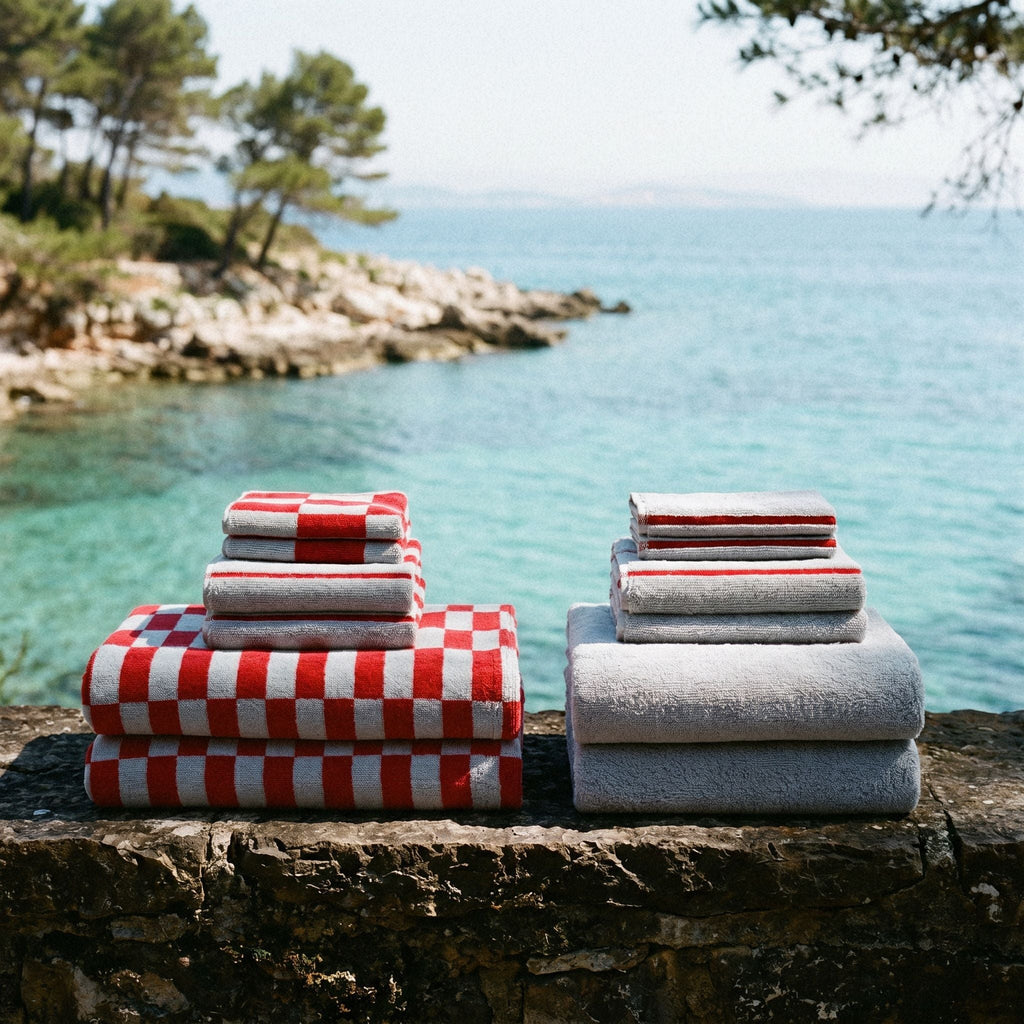 Cotton towel set with red-and-white checkered and gray-and-white striped towels