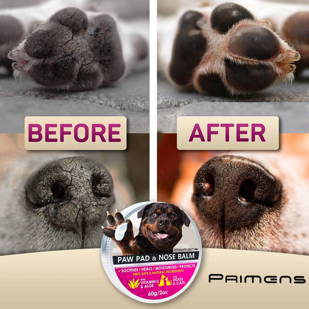 Dog paw pad and nose balm shown on paws with before and after protection results.
