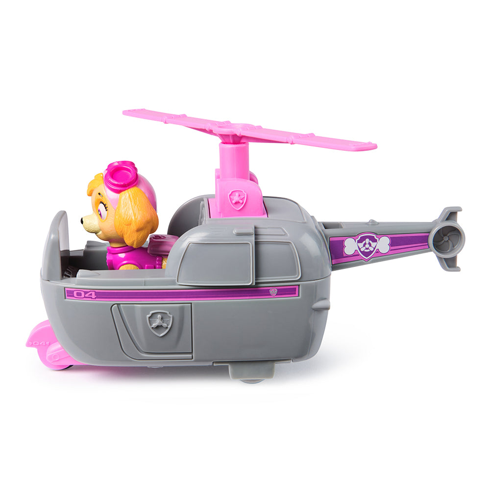 Gray rescue helicopter toy with pink rotor and Skye figure seated